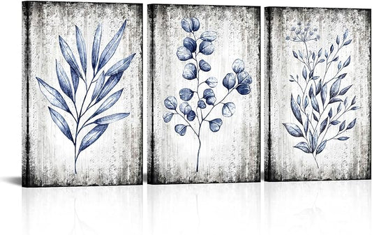 Conipit Navy Blue Botanical Painting Rustic Botanical Wall Art Canvas Minimalist Blue White Leaf Plant Artwork Prints Framed For Living Room Bedroom Wall Decor 16''X24''X3pcs
