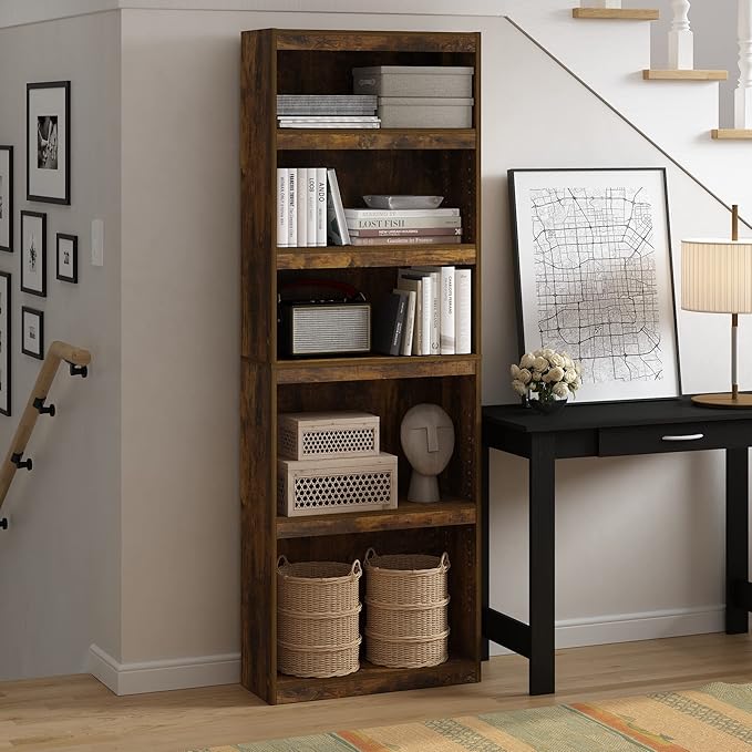 Furinno Jaya Book Shelf, 5-Tier Bookshelf, Bookcase, with Adjustable Shelves, 9.5" x 24.5" x 71.1", for Organization and Storage, for Home Office, Living Room, Amber Oak