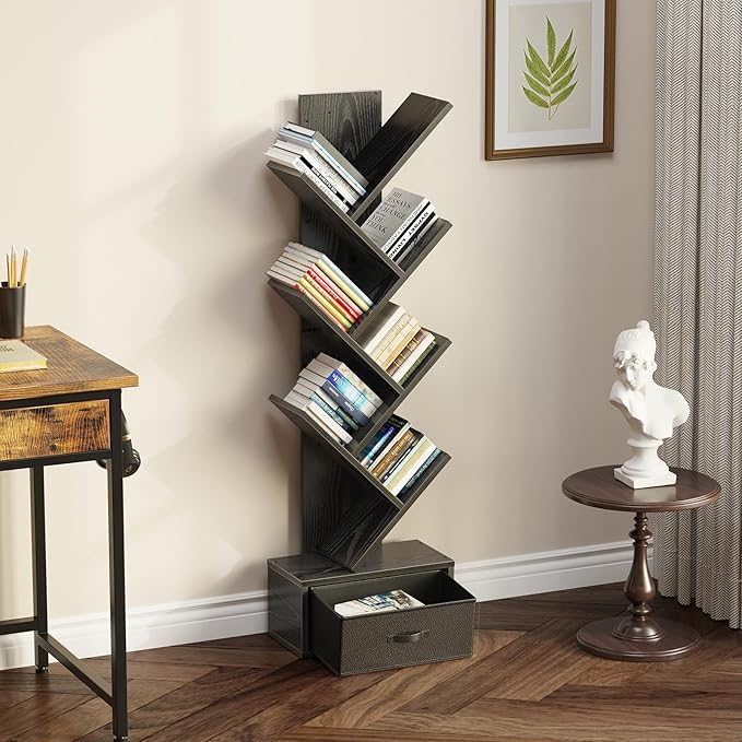 Rolanstar 7 Tier Bookshelf with Drawer, Tree Bookshelf, Small Bookshelves with Storage Rack for CDs/Movies/Books, Standing Book Shelf, Tall Narrow Bookcase for Living Room, Bedroom, Black