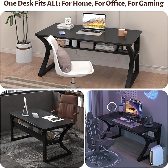 Computer Desk 55 x 23.6 Inch Home Office Desk, Large Modern Computer Desks with Storage Shelf, Metal Frame Work Study Writing Office Desk with Cable Hole, Wide Desk for PC & Monitors (Black, 55)