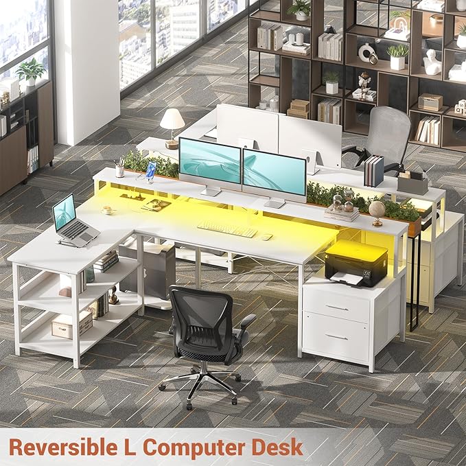 Aheaplus L Shaped Desk with File Drawer, 72.8" Reversible L Shaped Computer Desk with Power Outlet & LED Strip, Gaming Desk with Long Monitor Stand, Office Desk Corner Desk with Storage Shelf, White