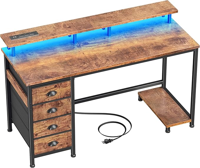 Furologee Computer Desk with Power Outlets & Monitor Stand, 47 Inch Reversible Gaming Desk with LED Lights & 4 Fabric Drawers, Writing Work Table for Home Office, Bedroom, Rustic Brown