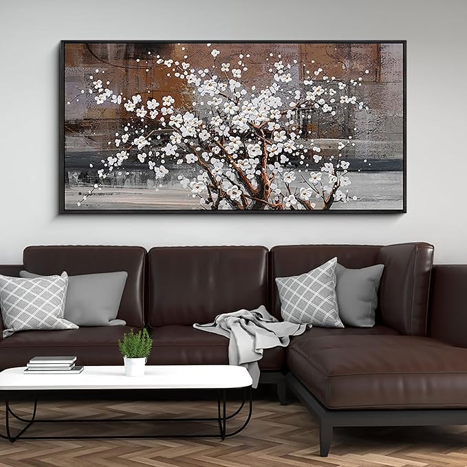 KLAKLA Wall Art for Living Room - White Plum Blossom Brown Trunk Natural Landscape Wall Decor Framed Picture Artwork for Wall Modern Paingings Extra Large Wall Art