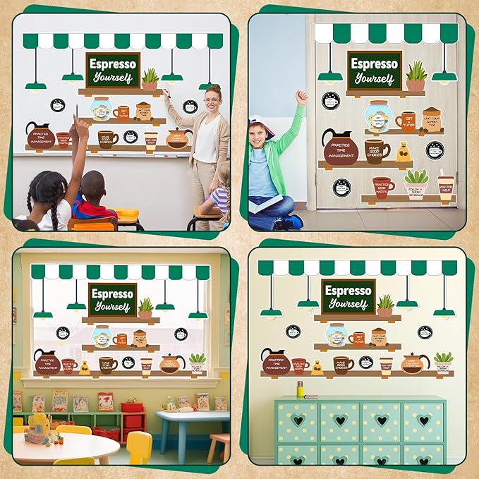 Coffee Bulletin Board Set Mental Health Classroom Bulletin Board Decorations Coffee Shop Motivational Cutouts Classroom Decorations for Back to School Office Home Chalkboard Decor Wall Door