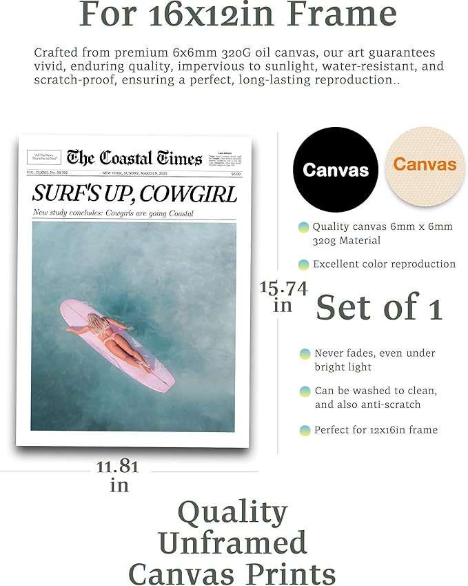 iHery Unframed Coastal Trendy Cowgirl Wall Art Decor, 12x16in Canvas Newspaper Retro Print,Surfer New York News,Coastal Prints Western Vintage Bar Cart For Home Living Room1Pack
