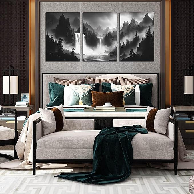 Waterfall Canvas Wall Art for Living Room - Mountains Pictures Wall Art for Office - Modern 3 Piece Large Wall Art for Bedroom Size 24" x 36"