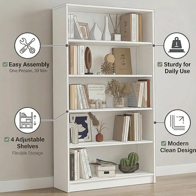 5 Tier Wooden Bookshelf, 60" H Tall Book Shelf with Adjustable Shelves, 33" Wide Bookshelf for Home Office, Living Room
