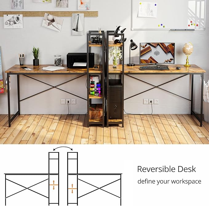 IRONCK Computer Desk 47" with Power Outlet and Storage Shelves, Study Writing Table with USB Ports Charging Station, PC Desk Workstation for Home Office, Rustic Brown