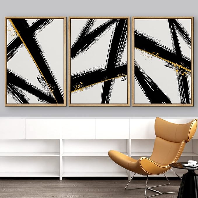 IDEA4WALL Framed Canvas Print Wall Art Set Black Gold Geometric Graffiti Paint Stripes Abstract Shapes Illustrations Modern Art Contemporary for Living Room, Bedroom, Office - 16"x24"x3 Natural