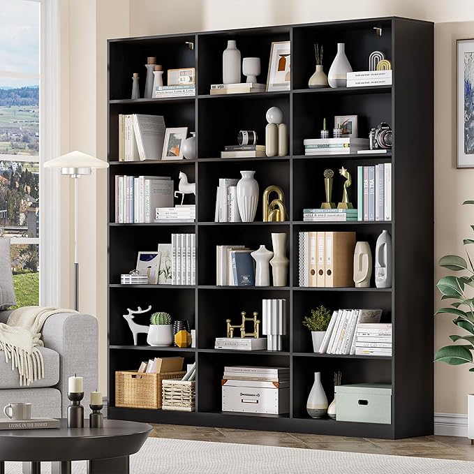 71.6” Tall Bookshelf, Black Bookcase with 18 Shelves, Triple Row Freestanding Display Storage Shelvesm, 2 PC 6 Tier Wide Book Case for Bedroom Living Room Home Office