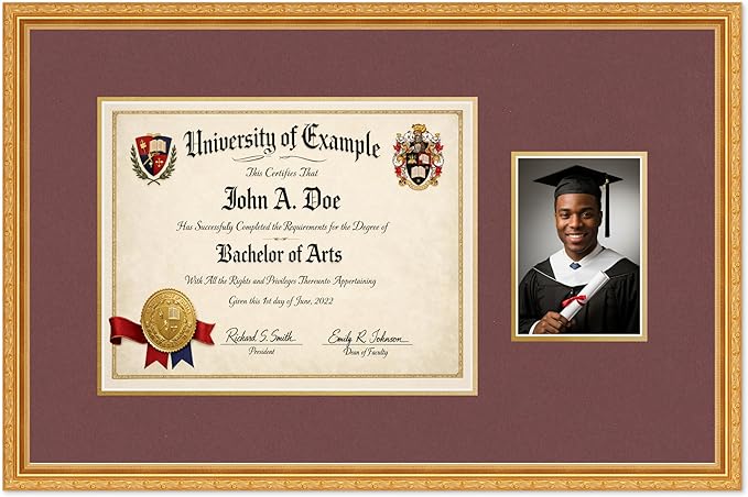 CountryArtHouse Fits 14 x 11 College Diploma (Modern) and 5 x 7 Photo Diploma and Photo Frame Museum Gold Genuine Hardwood with Dark Red Over Metallic Gold Double mat