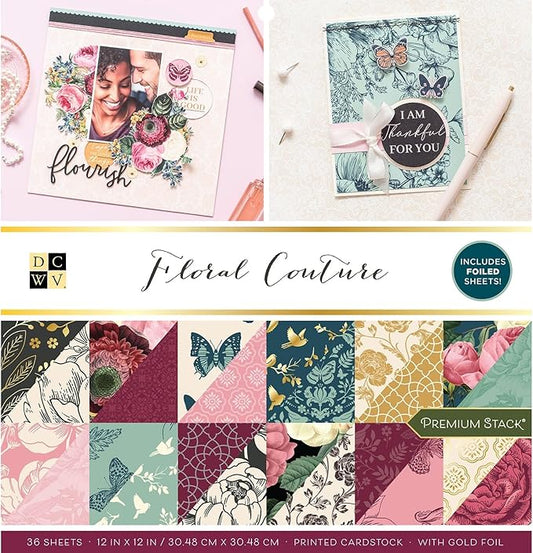 DCWV Printed Cardstock Paper 12x12, 36 Sheets of Scrapbook Paper for Crafts and Card Making, Double Sided Heavy Duty Cardstock with Foil Accents - Floral Couture