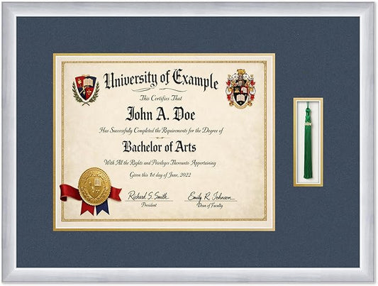 CountryArtHouse Diploma and Tassel Frame Fits 15 x 12 Military/Government with Tassel H Stainless Silver Genuine Hardwood Shadowbox with Navy Blue Over Metallic Gold Double mat