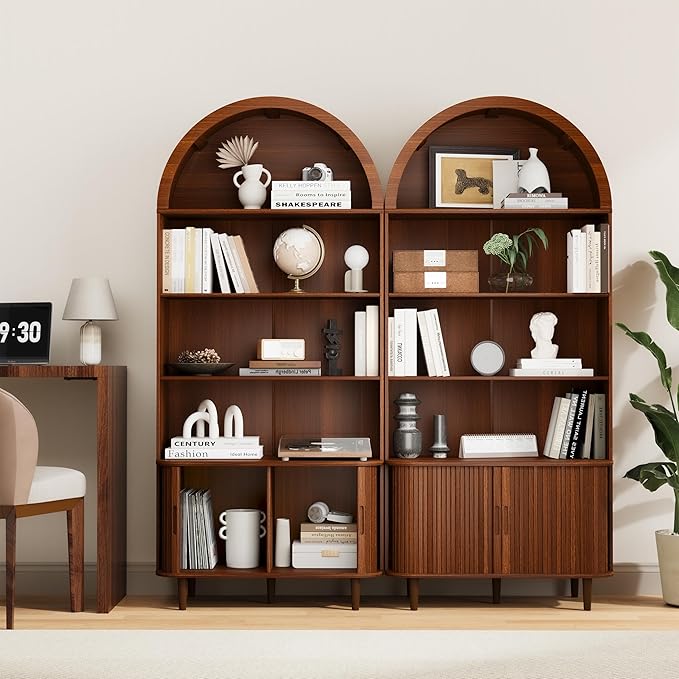 DHH 71" Tall Arched Bookshelf, 5 Tiers Arch Bookcase with Storage, Modern Farmhouse Book Shelf with Adjustable Shelves ＆Sliding Doors, Wood Display Cabinet for Living Room, Office(Walnut)