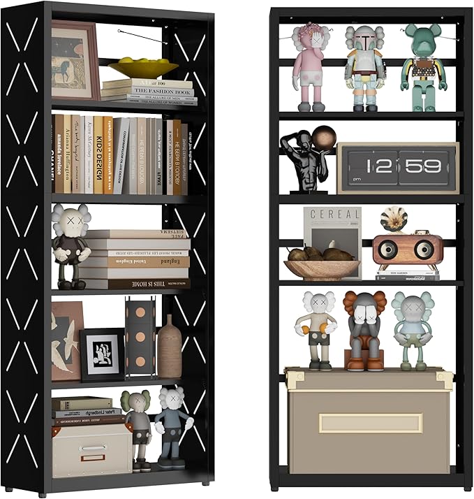 5-Cube Bookshelf, All Steel Bookcase with Adjustable Shelves & Anti-Tip Kit for Home Office, Hallway, and Garage, Modern Tall Display Shelves, Heavy-Duty Storage Organizer (Black)