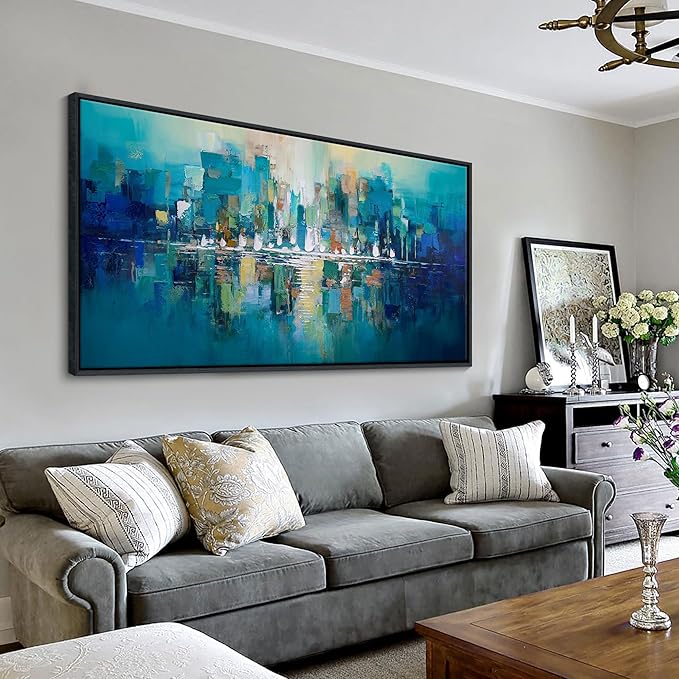 YDYSUNE Teal and White Abstract City Wall Art - Large Framed Canvas Painting, Contemporary Modern Wall Decor Picture & Artwork for Living Room, Office, Bedroom, Ready to Hang Size 29x58 Inch