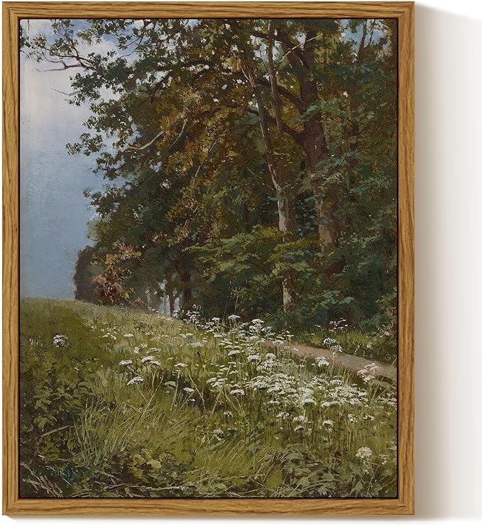 InSimSea Framed Canvas Print Art, Vintage Wildflower Landscape Painting, Rustic Farmhouse Cottage Decor for Hallway Wall Floating Shelf Desk Vanity Fireplace,10x8in, Neutral Green Tones