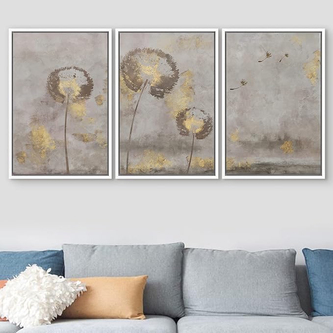 SIGNFORD Framed Canvas Print Wall Art Set Pastel Grunge Country Flower Field Abstract Shapes Illustration Modern Art Decorative Nordic Minimal Zen for Living Room, Bedroom, Office - 24"x36"x3 White