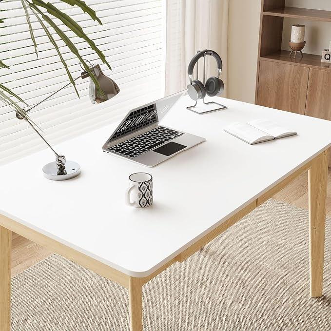 47 Inch Compact Computer Gaming Desk, White Study Work Office Desk with 2 Storage Drawers, Rectangular Study Reading Table, Simple Computer Writing Table for Home Office, Living Room
