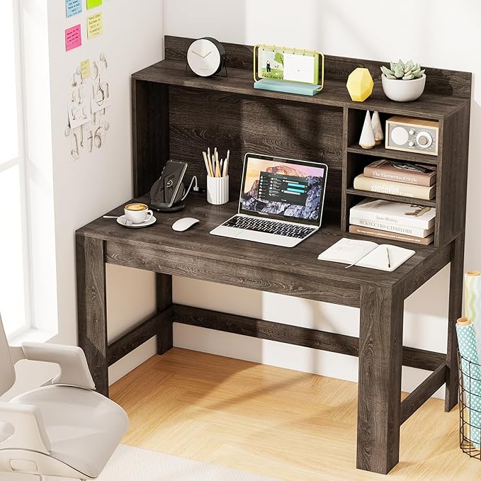Tangkula Computer Desk with Hutch & Charging Station, Home Office Writing Study Desk with Storage Shelves, Cable Management Hole, Laptop Desk, Desk for Bedroom, Computer Workstation (Gray Oak)