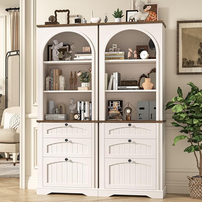 Farmhouse File Cabinet Fits Letter/Legal/A4 Size Hanging File Folders, 3-Tier Floor Standing Bookcase with File Drawer and Open Shelf, Wood Filing Cabinet Printer Stand for Home Office, White