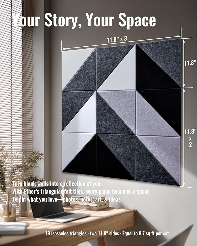 Felt Wall Tiles Bulletin Board, Modular Decorative Panels for Home Office, Kids Room, Classroom, DIY Geometric Design, Creative Photo Display Board, 18 Pack 11.8" Triangle Tiles(Ether)