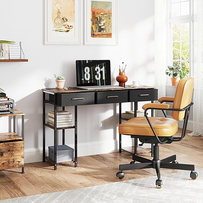 HOMCOM 47" Computer Desk with 3 Fabric Drawers, Home Office Desk with Adjustable Shelves, Small Writing Desk with Storage, Rustic Brown