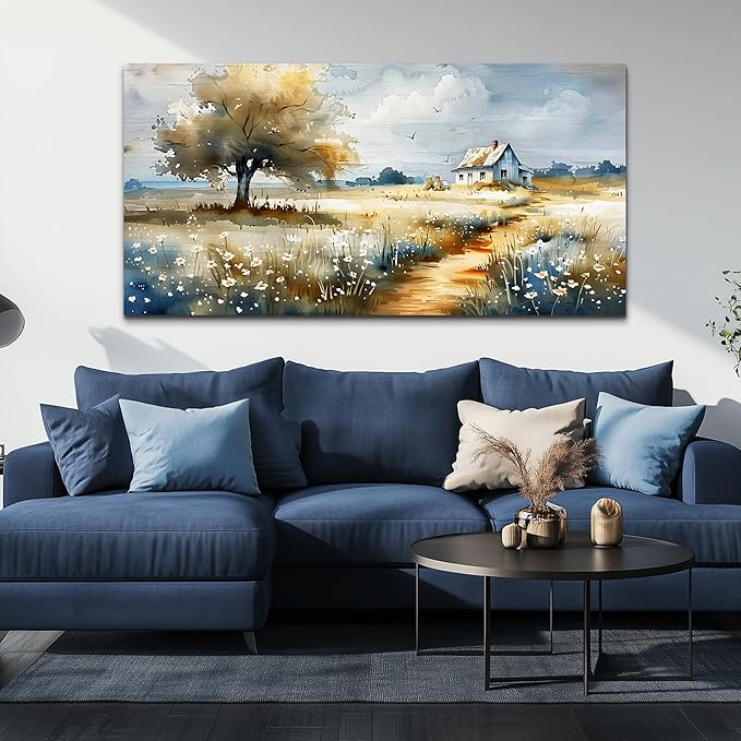 FUHAIHUA Canvas Wall Art For Living Room Large Wall Decor For Bedroom Modern Office Decorations Pastoral Pictures Scenery Watercolour Wall Paintings Artwork Farmhouse Home Decor Mural 24x48 In