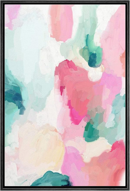 MUDECOR Framed Canvas Print Wall Art Pastel Pink, Green & Yellow Paint Strokes Abstract Shapes Watercolor Modern Art Contemporary Multicolor Ultra for Living Room, Bedroom, Office - 16"x24" Black