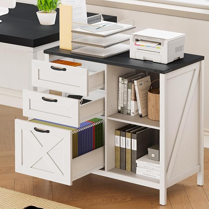 3 Drawer File Cabinet, Farmhouse Lateral Filing Cabinet Fits Files Letter or A4 Size, Wooden Printer Stand with Open Storage Adjustable Shelf for Home Office, White and Black