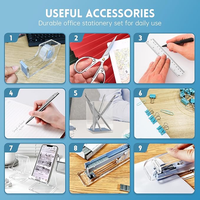 DRQ Blue Desk Organizers and Accessories Office Supplies, 10Pcs Set for Office with Stapler, Tape Dispenser, Pens, Pen Holder, Phone Holder, Tape, Ruler, 1 Box Staple, Scissors and 1 Box of Clip