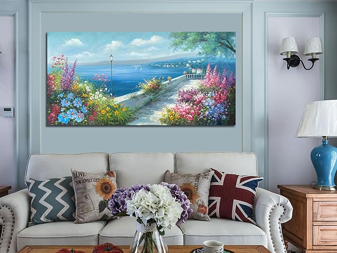 Arjun Blue Landscape Wall Art Canvas for Living Room Ocean Coastal Mediterranean Painting Bedroom 100% Hand Painted Seascape Garden Flower Picture Artwork Large Framed Home Office Wall Decor, 48"x24"