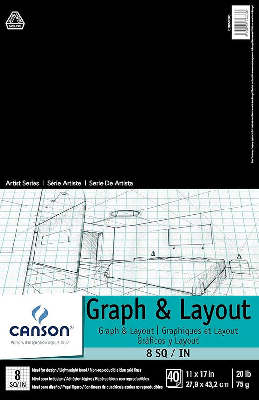 Canson Artist Series Graph and Layout Paper, 8 by 8 Blue Grid, Foldover Pad, 11x17 inches, 40 Sheets (20lb/75g) - Artist Paper for Adults and Students - Colored Pencil, Marker, Ink, Pen