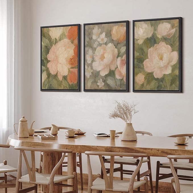 SIGNFORD Framed Wall Art Print Set Soft Pastel Peony Floral Romantic Botanical Digital Art Modern Art Contemporary for Living Room, Bedroom, Office - 16"x24"x3 BLACK