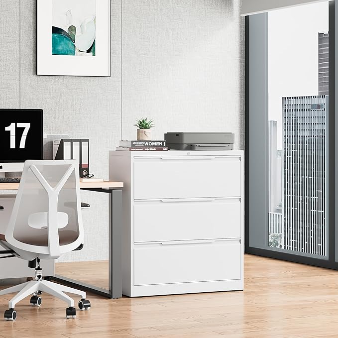 Bestoo 3-Drawer Lateral File Cabinet with Lock, Metal Filing Cabinet for Home Office,3 Lateral Filing Storage Cabinets, Fits File Folders, Letter/Legal/F4/A4 Size, Assembly Required (White)