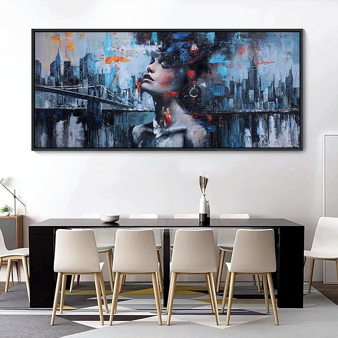 YDYSUNE Navy Blue Painting Wall Art Black Woman Picture for Living Room modern Home Bedroom Decoration New York City Framed Artwork Decor 70x31IN