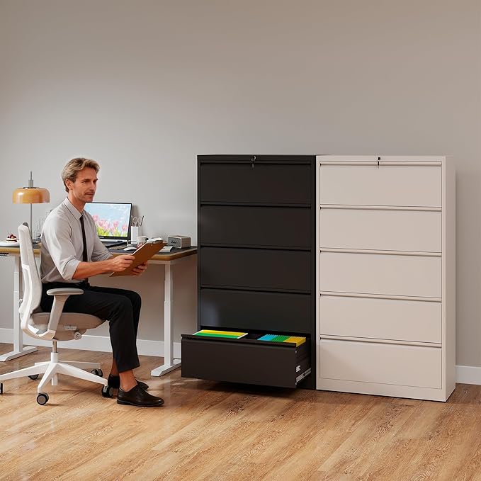 5 Drawer File Cabinet with Lock, Lateral Filing Cabinets,Metal Storage Filing Cabinets for Home Office, Heavy Duty File Cabinet for Letter/Legal/A4/F4 Size Amsseble Required, Black