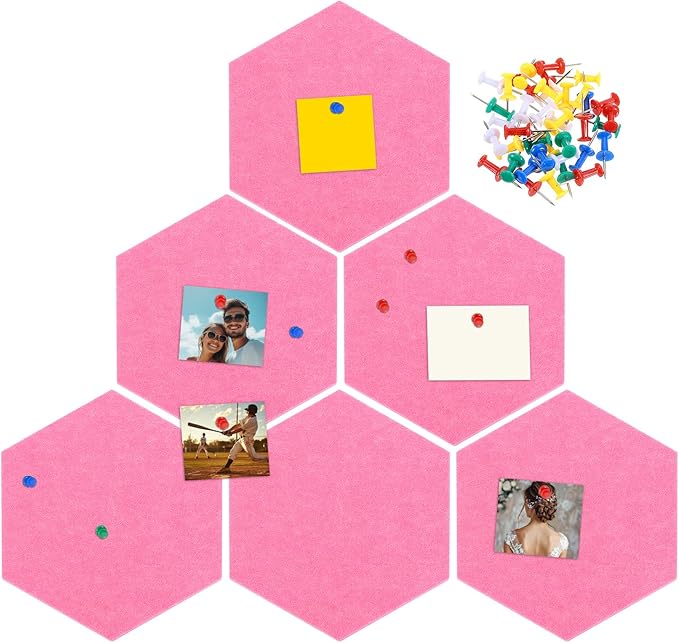 uxcell 6 Pcs Hexagon Felt Pin Board with 40 Pcs Pushpins 8.7" x 7.5" Self Adhesive Felt Bulletin Board Cork Boards for Walls Decorations Paste Notes Photos Schedules, Pink