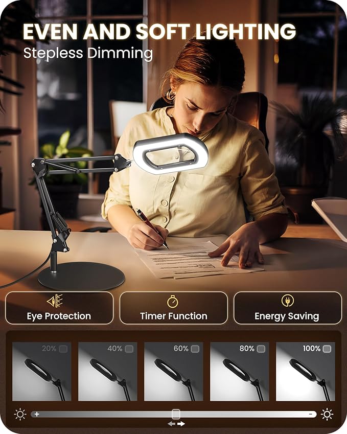 10X Round Magnifying Glass with Light and Stand, 2-in-1 LED Lighted Desk Lamp & Clamp, 5 Color Modes Stepless Dimmable, Hands-Free Magnifier Desk Lamp for Reading Craft Close Work B03DL05