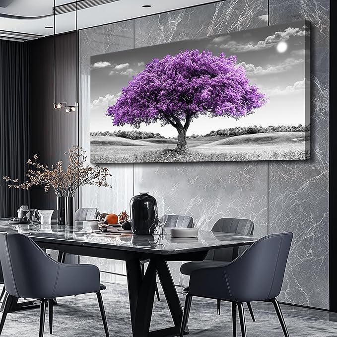 Canvas Wall Art for Living Room Large Wall Decor for Bedroom Modern Office Wall Decorations Purple Tree Landscape Painting Black and White Pictures Artwork Room Aesthetic Home Decor
