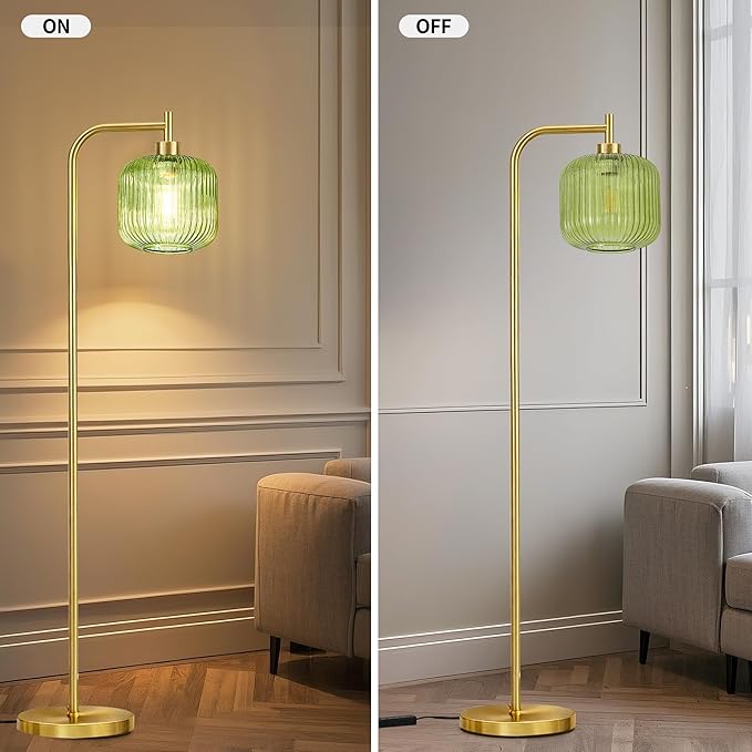 MAYNA Mid Century Modern Floor Lamp, Emerald Green Ribbed Glass Standing Lamp with Built-in Timer Switch, Gold Tall Vintage Lamps for Living Room Bedroom, 2700K LED Bulb Included