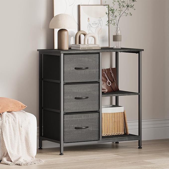 Garvee 3 Drawer File Cabinet, Printer Stand with 2 Open Storage Shelves, Fabric Filing Cabinet Under Desk Office Organizer for Home Office, Modern Storage Solution, Black