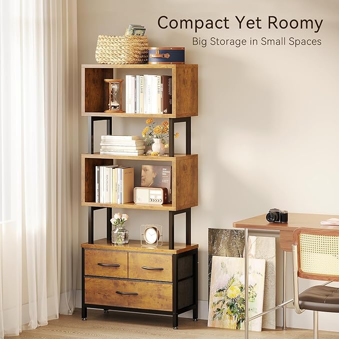 Casaottima 7 Tier BookShelf, Tall Geometric Bookcase with Fabric Drawers, Modern Display Book Shelves Book Case for Living Room Bedroom, Wood Decorative Standing Shelving Unit for Home Office, Vintage