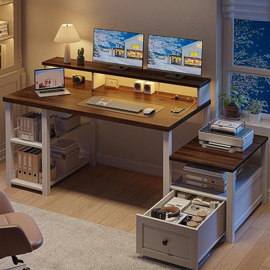 EnHomee 60.4" Computer Desk with Drawer & Power Outlet, Gaming Desk with LED Light, Farmhouse Desk Study Desk with Monitor Stand, Home Office Desk, Work Desk for Bedroom, Study Room, White