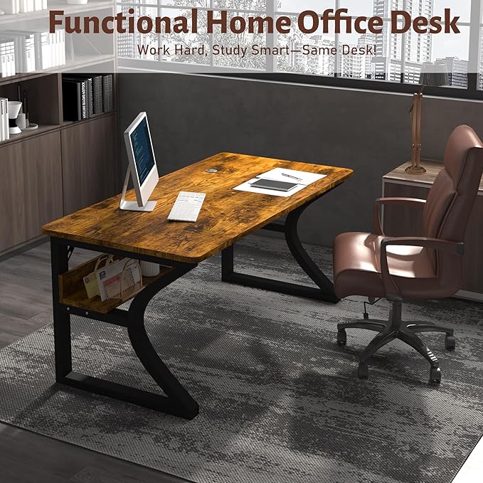 Computer Desk 55 x 23.6 Inch Home Office Desk, Large Modern Computer Desks with Storage Shelf, Metal Frame Work Study Writing Office Desk with Cable Hole, Wide Desk for PC & Monitors (Brown, 55)