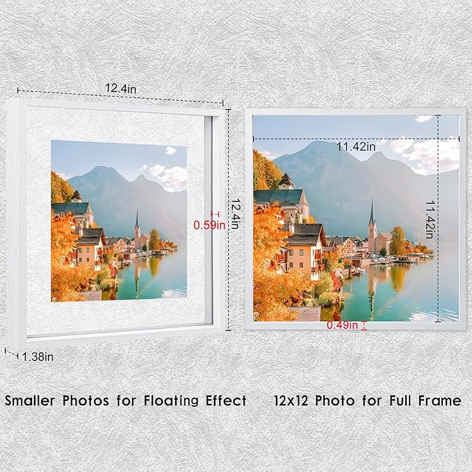 MUYE 12x12 Floating Frame Set of 2,Double Real Glass Square Photo Frame,Display Any Size Photo up to 12x12,Wall Mount or Tabletop Standing,White