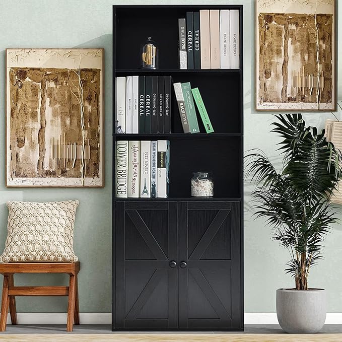 Black 5-Tier Bookshelves for Living Room, Farmhouse Tall Bookcase with Doors, Wooden Bookshelf with Storage Cabinet and Shelves for Living Room, Home Office