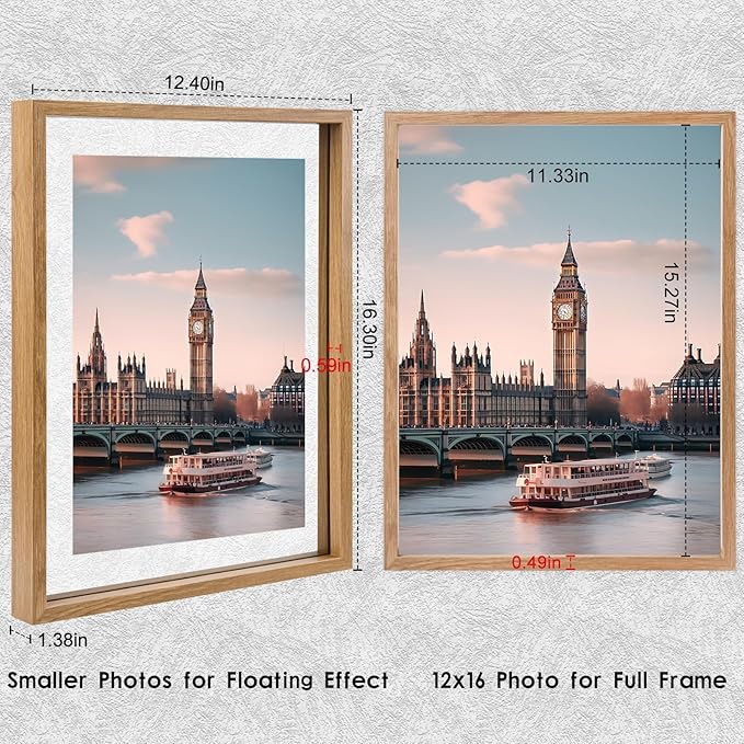 MUYE 12x16 Floating picture Frames Set of 2,Double Glass Frame,Display Any Size Photo up to 12x16,Wall Mount or Tabletop Standing,Natural