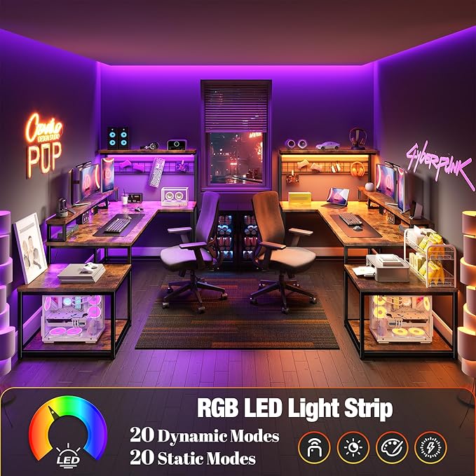 EnHomee 56" Medium L Shaped Gaming Desk with LED & Power Outlets,Computer Desk with Monitor Stand & Print Stand for Home Office,Reversible Corner Gaming Table with Storage Shelf & Hooks,Rustic Brown