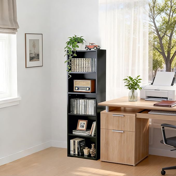5-Tier Narrow Bookcase for Small Spaces, Freestanding Bookshelf Organizer with Open Shelves for Home Office, Bedroom, Apartment, Kids Room, Storage for Books, Toys and Bins